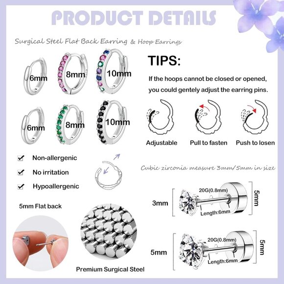 7 Pairs Surgical Steel Flat Back Stud and Huggie Hoop Earrings for Sensitive Ear - Picture 6 of 7